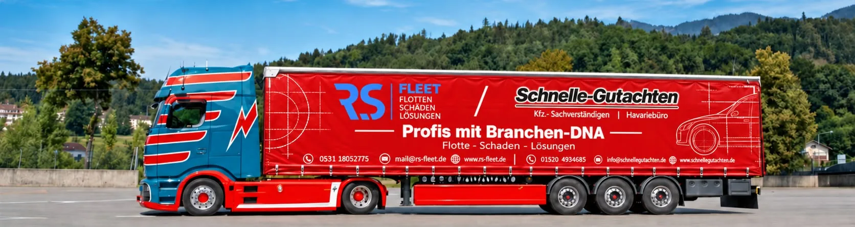 Roter Lkw mit Auflieger im Design von RS Fleet und Schnelle-Gutachten
