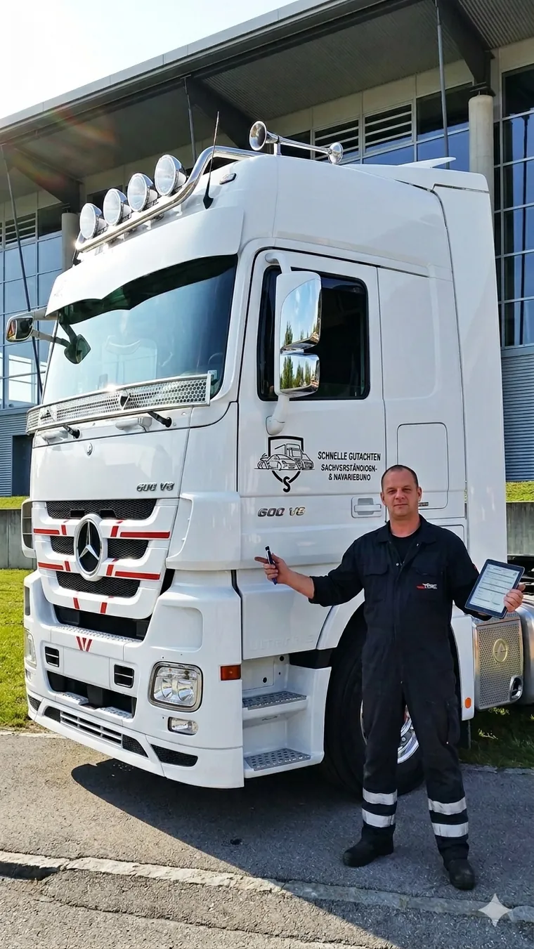 Kfz-Sachverständiger Thomas Schnelle mit Tablet vor einem Lkw