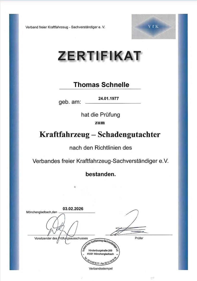 Zertifikat Kraftfahrzeug-Schadengutachter für Thomas Schnelle, Verband freier Kraftfahrzeug-Sachverständiger e.V.